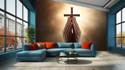 Worship before God, Christian cross in hands. Generative ai. Wall mural