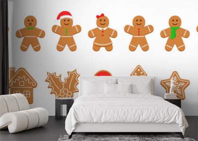 Xmas Gingerbread cookies. Christmas Classic biscuit. Cute ginger bread men, tree, santa, holly, snowman and gift box. Noel holiday sweet dessert isolated on white background. Vector illustration. Wall mural