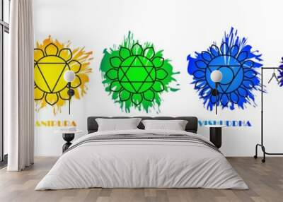 Yoga chakras set. Red energy of muladhara and green nature light anahata orange heal svadhisthana with yellow warming rays vector manipura. Wall mural