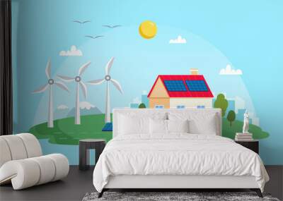 Green energy - landscape with wind power station, solar panels, small house. Concept illustration for ecology, green power, wind energy. Ecology illustration in flat style Wall mural