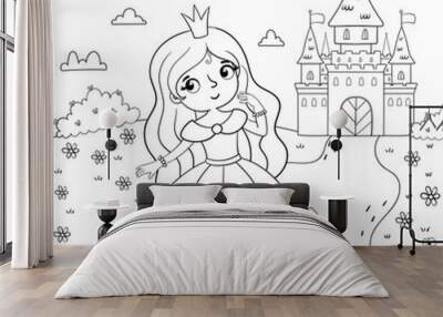 Page of coloring book with a girl and a princess on a background of a magic castle. Vector illustration in a cartoon style. Design for kids. Wall mural