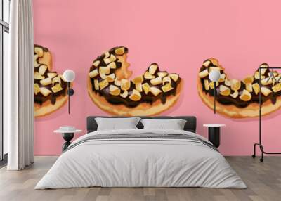 Funny poster with donuts. Whole donut with chocolate and nut topping and its bitten pieces and greedy hand. Vector Illustration Wall mural