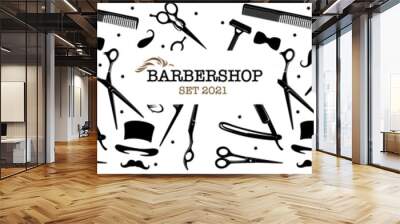 Set of barbershop symbols. Hair salon signs with haircuts and barber tools and accessories. Vector Illustration  Wall mural