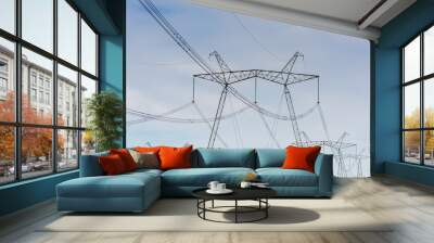 High-voltage power lines against the blue sky. Wall mural