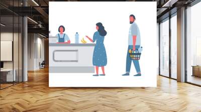 Buyers in the supermarket. There is a supermarket cashier behind the cash register. Shoppers hold food baskets in their hands. Vector ilustration in flat style Wall mural