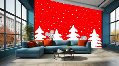 christmas background with fir trees and rats - a symbol of 2020. seamless winter border on a red bac Wall mural