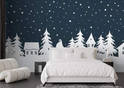 Christmas background. Fairy tale winter landscape. Seamless border. There are white houses and fir trees on a dark blue background. Winter village. Vector illustration Wall mural