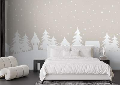 Christmas background. Seamless border. winter landscape. white houses and fir trees on a beige background. Vector illustration Wall mural