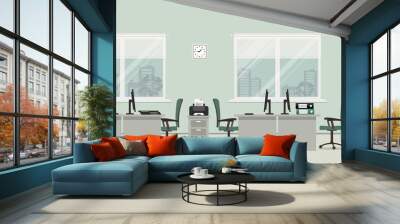 office room in a gray color. there are tables, green chairs, case for documents, printer and other o Wall mural