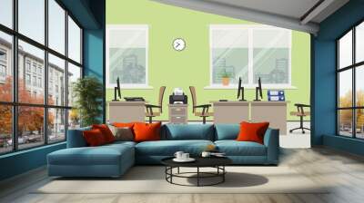 Office room in a green color. There are tables, beige chairs, case for documents, printer and other objects in the picture. Vector flat illustration Wall mural