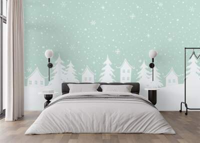 Winter background. Christmas village. Seamless border. Fairy tale winter landscape. White houses, fir trees on light green background. Vector illustration Wall mural