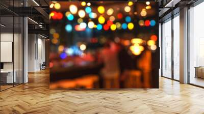 Blurred background of people sitting at restaurant, bar or night club with colorful lights bokeh. Abstract defocused blur background. Wall mural