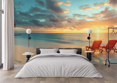 Beautiful summer sea background, two sun loungers on the beach at sunset Wall mural