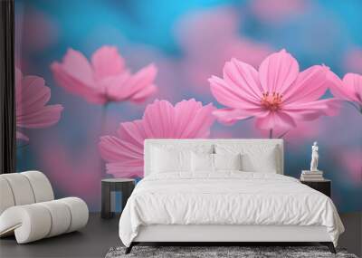 Blue spring banner with pink flowers, soft blur Wall mural