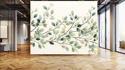 Branch with delicate green leaves on a white background Wall mural