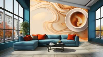 Coffee background, a cup of coffee against a background of soft waves in brown tones, top view Wall mural