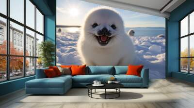 Cute baby harp seal on ice. Wall mural