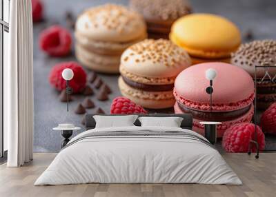 macaroons of different colors on the table Wall mural