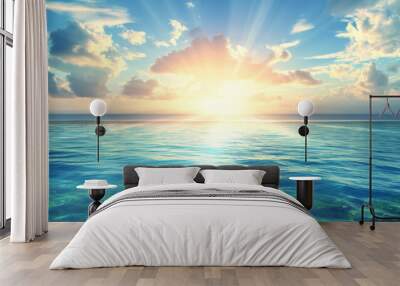 Summer sea background, bright blue water and setting sun Wall mural