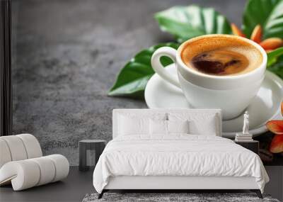 White cup of espresso with flowers on gray table, copy space Wall mural