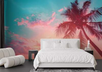 Beautiful silhouette of tropical beach with palm tree with sunset sky background. Generated AI image Wall mural