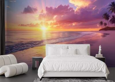 Beautiful sunrise or sunset over the tropical beach. AI generated image Wall mural