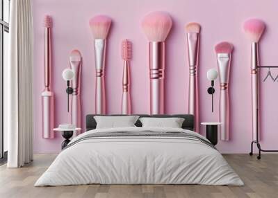 Beauty set collection make up equipment isolated pink background. AI generated Wall mural