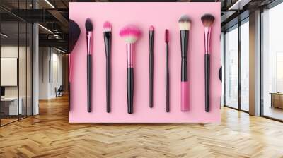 Beauty set collection make up equipment isolated pink background. AI generated Wall mural