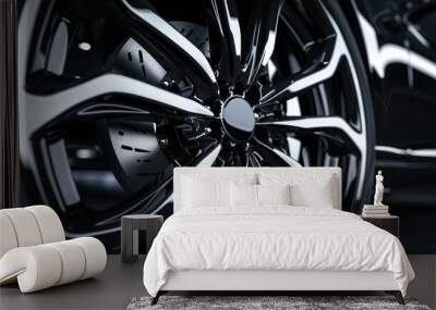 Closeup black silver polished of car aluminum rims and wheels on dark background. Generated AI Wall mural