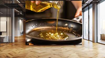 Closeup chef hand cooking and pouring vegetable oil into frying pan in kitchen. Generated AI image Wall mural