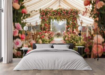 Concept of a luxurious wedding tent outdoor decorated with beautiful flowers. AI generated image Wall mural