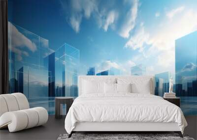 Exotic glass buildings with cloudy blue sky background.AI generated image Wall mural