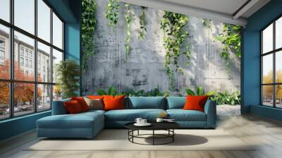 Interior design grey wall cement concrete blocks pattern with green plant leaves. AI generated image Wall mural