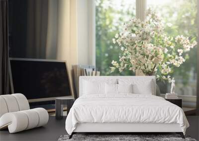 Laptop, Flowers, and Sunlight on a Desk Wall mural