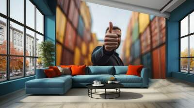 Man Giving Thumbs Up in Front of Shipping Containers Wall mural