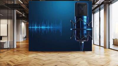 Professional microphone for podcast or recording with waveform on blue background. Generated AI Wall mural