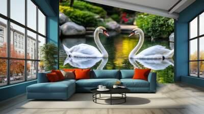 Two Swans in a Serene Garden Pond Wall mural