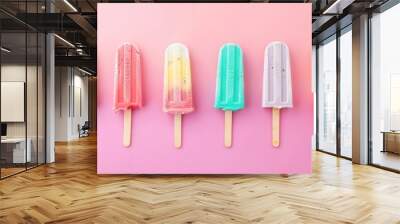 Various tasty sweet Ice cream sticks isolated on pastel colors background. Generated AI image Wall mural