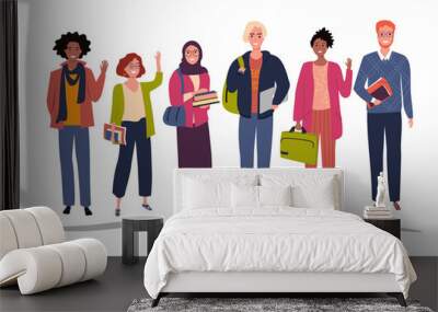 Group of multicultural students holding books and laptop. Flat vector illustration. Young girls and boys isolated on white background Wall mural