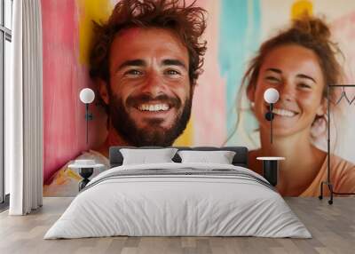 A couple painting the walls of their living room, smiling and covered in paint, fresh and creative energy. Wall mural