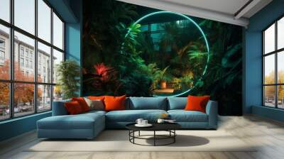 Bright neon lights and lush plants in circular frame create tropical atmosphere. Generative AI Wall mural