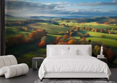 Aerial view of agricultural fields in autumn Wall mural