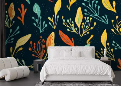 Seaweed quirky doodle pattern, wallpaper, background, cartoon, vector, whimsical Illustration Wall mural