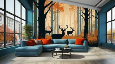 natural background with forest silhouette with herd of deer Wall mural