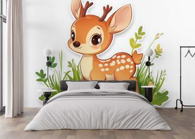 deer fawn animal nature cute wildlife cartoon illustration grass forest baby animal horn spotted sitting playful young character adorable wild meadow  Wall mural