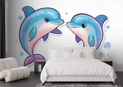 dolphins marine life ocean water sea aquatic animals cute illustration playful underwater marine animals cartoon dolphins blue dolphins Wall mural