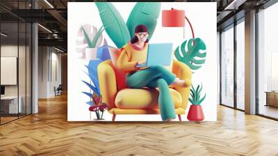 home laptop plants sofa woman glasses chair working greenery illustration modern design decor comfortable digital interior bright colorful casual leisure office  Wall mural