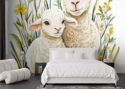 lamb sheep animals nature cute baby animals farm pastoral illustration cartoon flowers greenery spring wildlife adorable happy two lambs characters  Wall mural