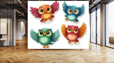 owl birds colorful cute cartoon flying animal illustration happy fantasy nature wildlife art whimsical vibrant character feathered fun cheerful creature graphic  Wall mural