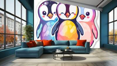 penguins cartoon colorful cute animals trio art illustration sticker vibrant happy playful adorable character digital art friendship fun kids pattern design watercolor effect pastel colors whimsic Wall mural